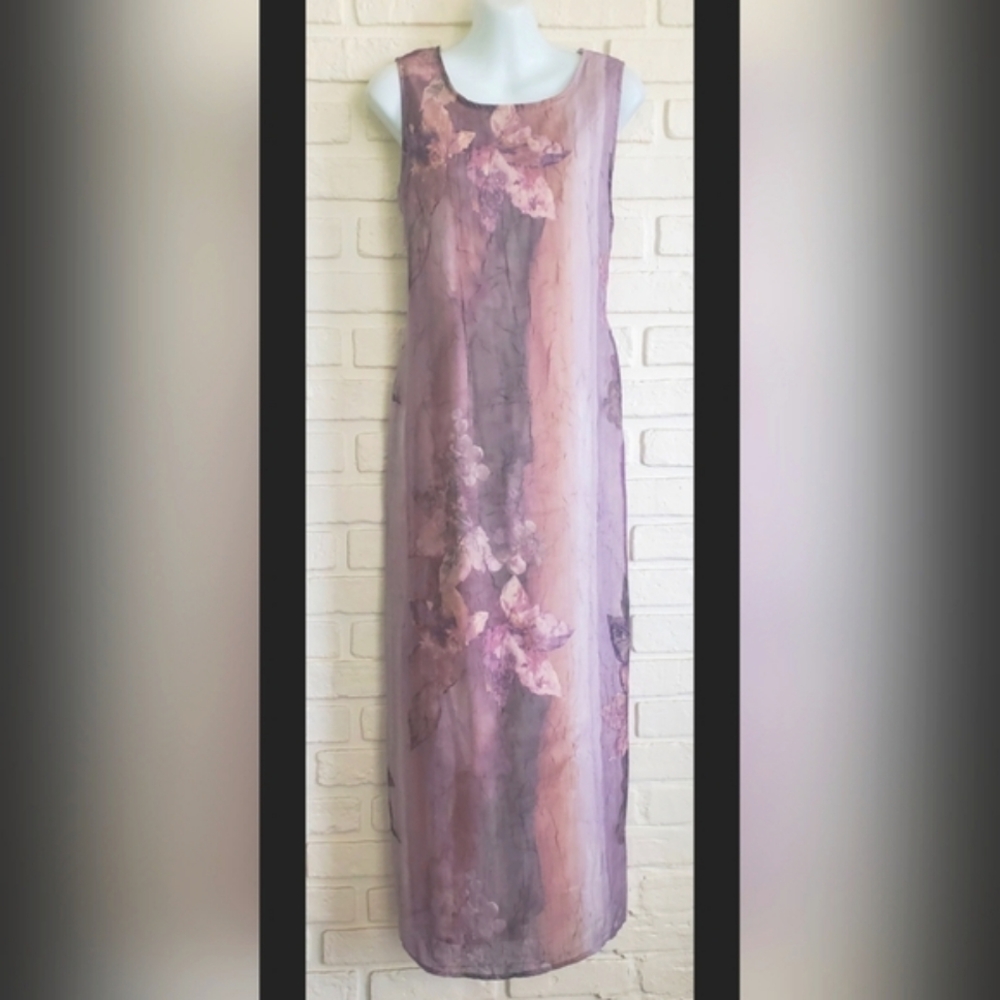 Christy Lyn Chiffon Antique Floral Maxi Dress Sleeveless Belted Mauve, Green